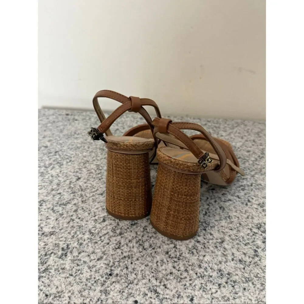 Sam Edelman Kia Woven Rattan Leather Ankle Strap Block Heel Sandals Brown Tan Si - Picture 2 of 5